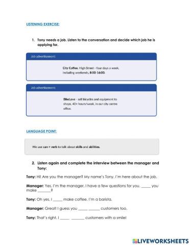 Listening Exercise Modal verb CAN