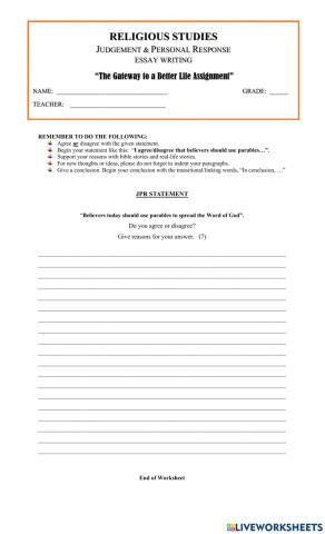 JPR Writing Worksheet-Grade 8
