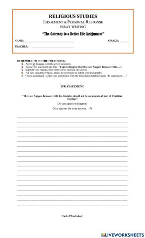 JPR Writing Worksheet-Grade 8