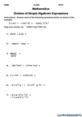 Division of Simple Algebraic Expressions