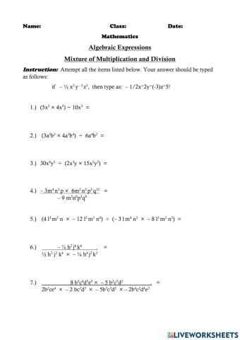 Mixture Operations with Simple Algebraic Expressions