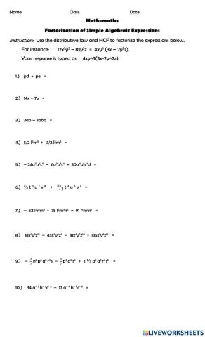 Factorization of Simple Algebraic Expressions