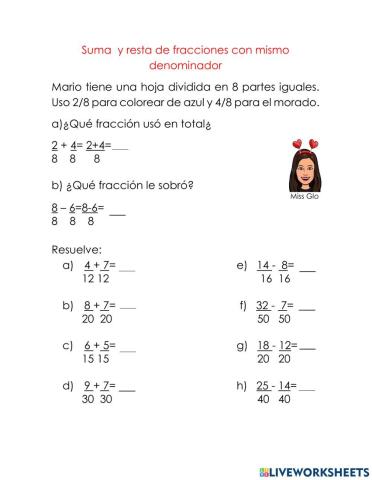 Suma y resta de fracciones con mismo denominador