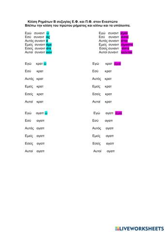 Κλίση Ρημάτων Β συζυγίας α τάξης (Ε.Φ.-Π.Φ.)