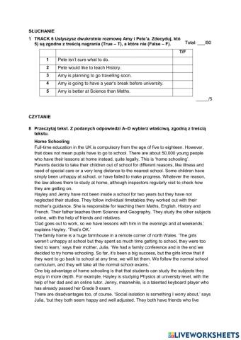 Reading and listening task - school