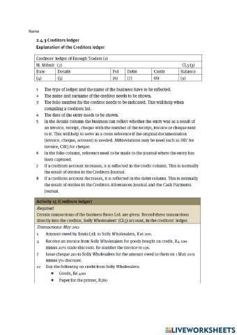 Creditors General Ledger