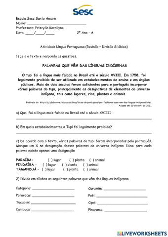 Atividade de Língua Portuguesa (19-04-2021) Revisão com Divisão Silábica