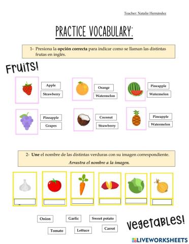 Practice vocabulary fruits and vegetables