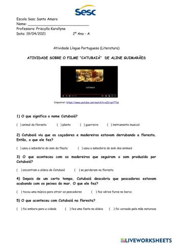 Atividade de Língua Portuguesa (Literatura) - 19-04-2021