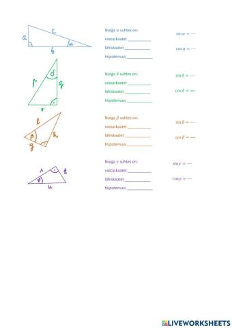 Vastaskaatet, lähiskaatet, siinus ja koosinus