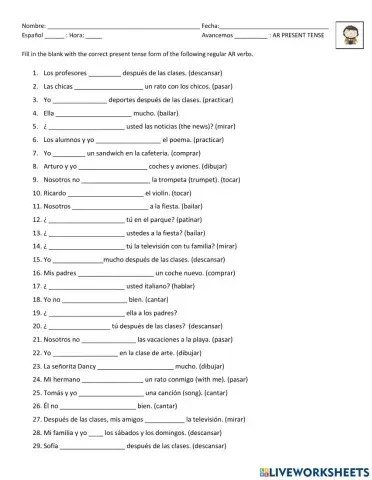 SP1 AR Present Tense Sentence Conjugation Fill -in