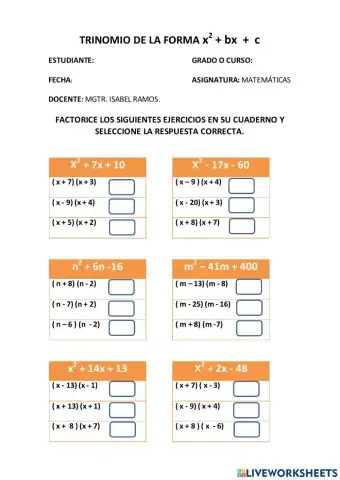Trinomio cuadrado perfecto x2 +bx+c