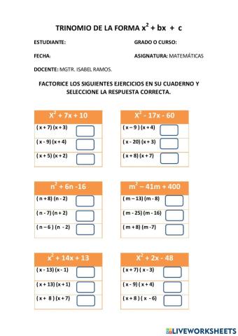 Trinomio cuadrado perfecto x2 +bx+c