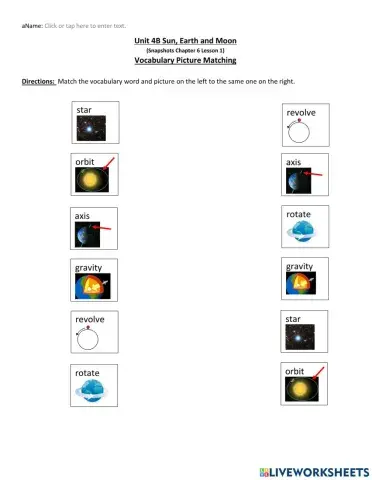 Sun, Earth and Moon Vocabulary Picture Matching