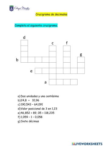 Crucigrama de decimales