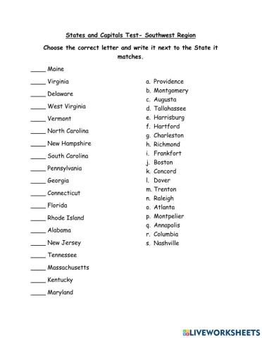 States and Capitals-NE-SW Regions