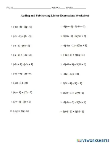 Add and Subtract Linear Expression Quiz