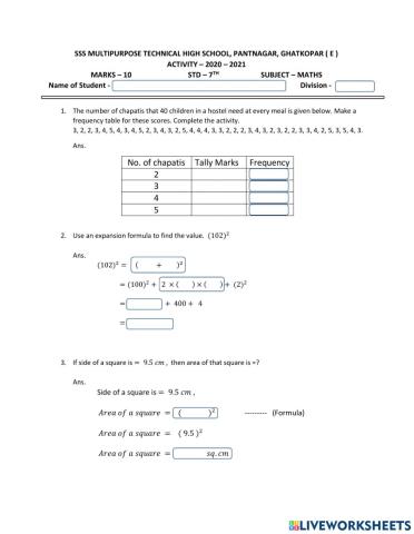 Activity - 7th Maths