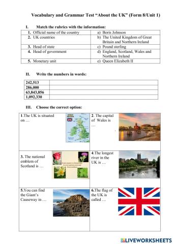 Lexical-grammar test -About the UK- (Form 8- Unit 1)