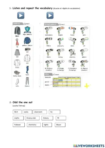 Vocabulary uniforms and school subjects
