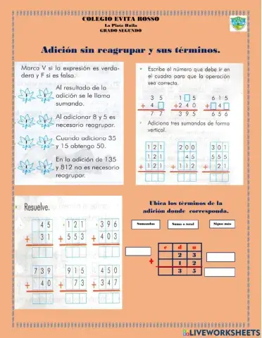 Adición sin reagrupar y los términos.