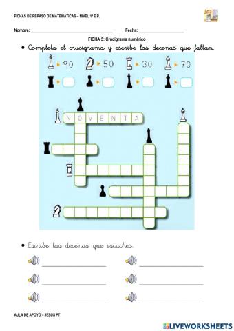 Ficha Matemáticas 5-1EP-Crucigrama decenas