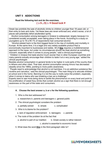 B  Class- UNIT 5 ADDICTIONS