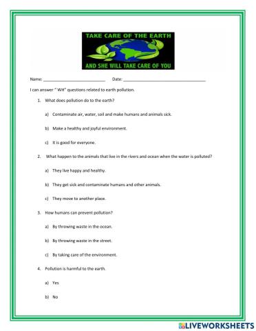 Earth Pollution WH questions.