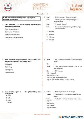 2019-kazanım test-9-Grade 7-celebration