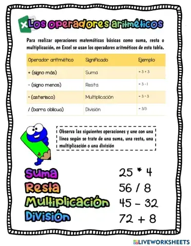 Operadores aritmeticos en excel