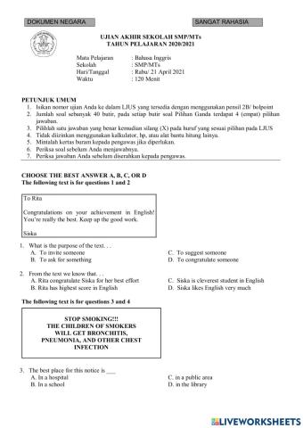 Ulangan Akhir Semester (BAHASA INGGRIS) SMP TAHUN 2020-2021