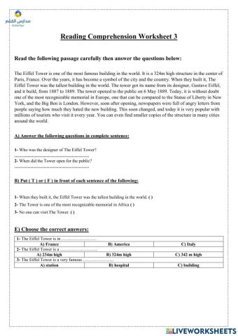 Reading Comprehension worksheet 3 2nd Term