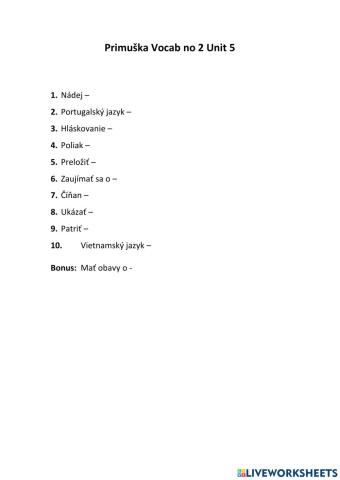Primuška Vocab test no 2 Unit 5