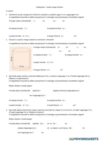 Tudáspróba - hasáb, henger felszíne (A)