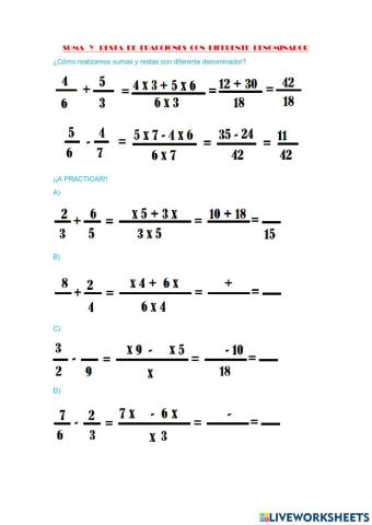 Suma y resta de fracciones con diferente denominador.