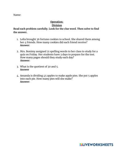 Division Facts Problem Solving