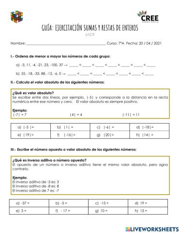 Ejercitación suma y resta enteros