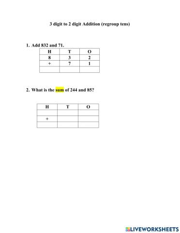 Addition with Regrouping 3-2 digit regroup tens-worksheet 3