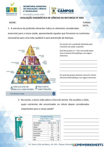 Avaliação diagnóstica 9 ano