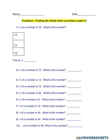 Fractions - Finding the whole when you know a part