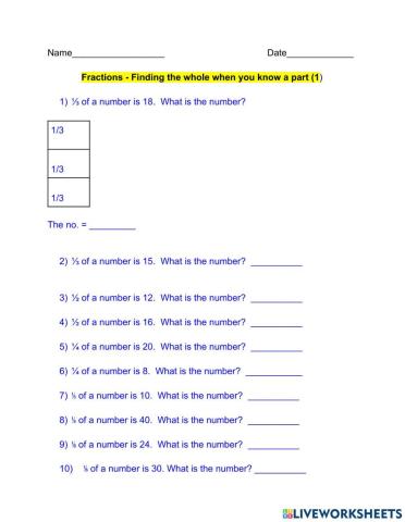 Fractions - Finding the whole when you know a part