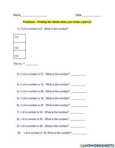 Fractions - Finding the whole when you know a part (2)