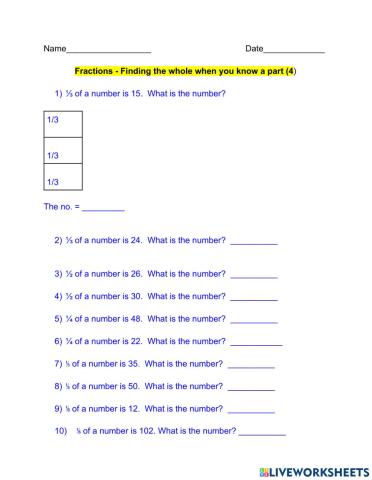 Fractions - Finding the whole when you know a part (4)