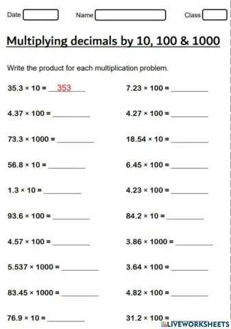Multiply decimals with 10, 100, 1000
