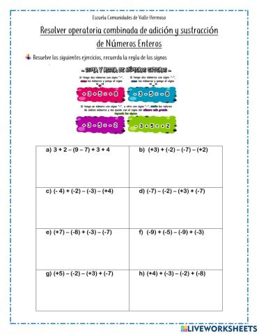 Operatoria Combinada Suma y restas números enteros