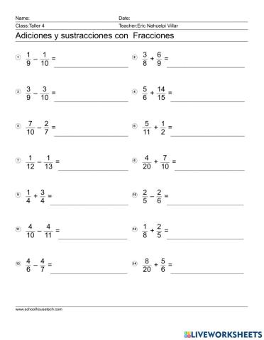 Adiciones y sustracciones con fracciones