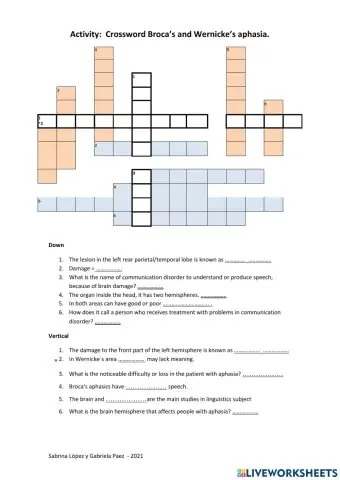 Activity:  Crossword Broca’s and Wernicke’s aphasia.