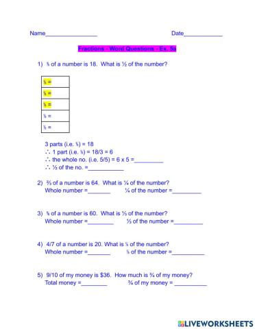 Fractions - Word Questions - Ex. 5a