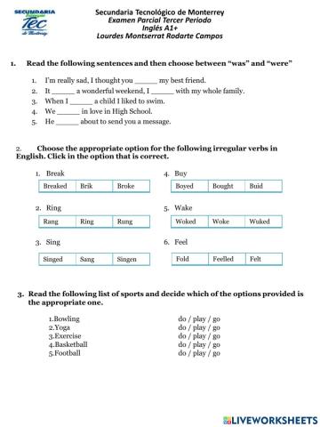 Examen parcial Tercer Periodo Inglés A1+