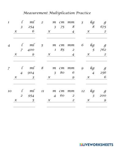 Measurement Multiplication worksheet 1